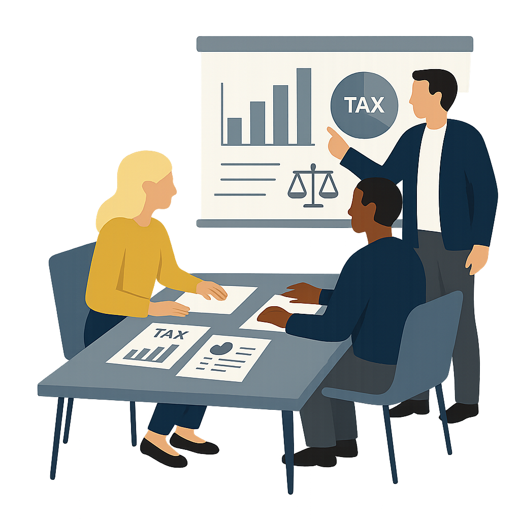 Duas pessoas sentadas em uma reunião e uma apresentando na lousa o Fórum Tributário